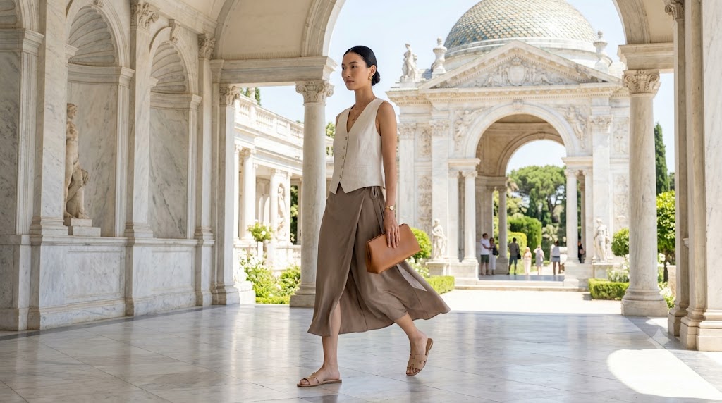 Off-White Linen Vest & Silk Wrap Skirt Look